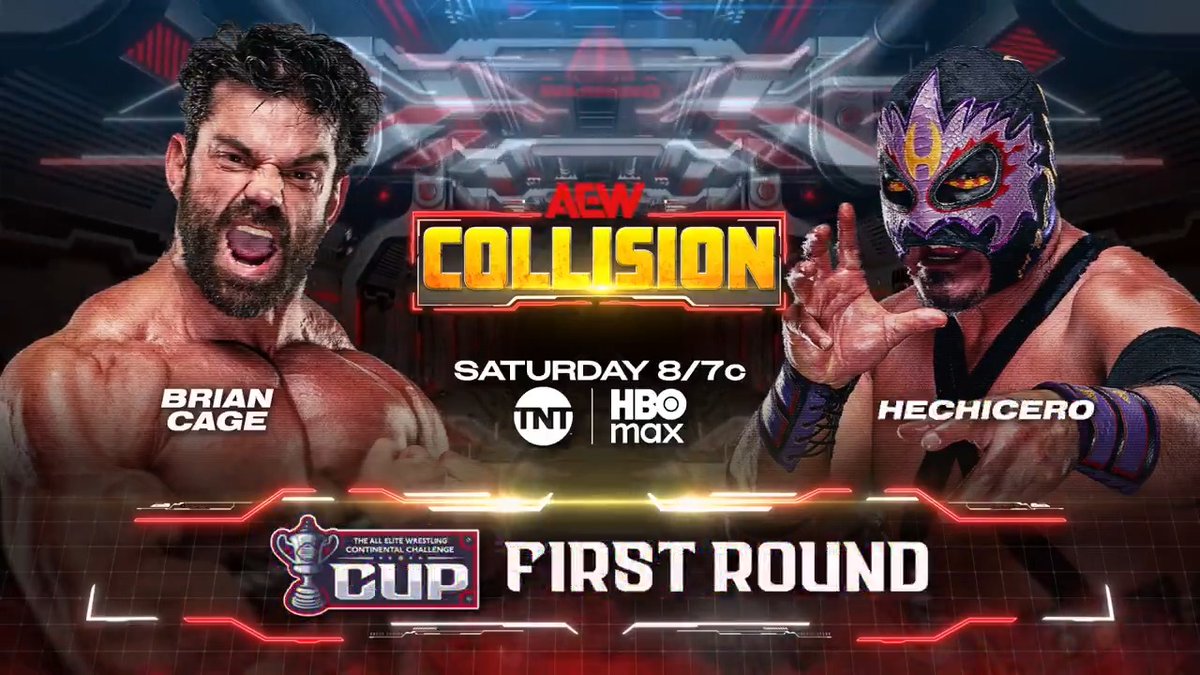 #AEWCollision 8/7c, TNT & HBO Max This Saturday, 8/15 AEW Continental Challenge Cup First Round @BrianCageGMSI vs Rey Hechicero Members of The Invisible Hand Family will COLLIDE for a chance to move on in the Continental Cup, THIS SATURDAY!