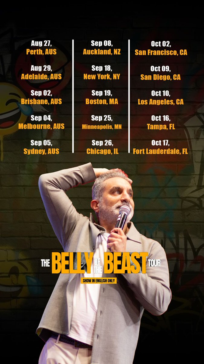 I was about to practice some material, but instead decided to talk about what happened in the bathroom. See where I am going Perth, 27 Aug Adelaide, 29 Aug Brisbane, 2 Sep Melbourne, 4 Sep Sydney, 5 Sep Auckland, 8 Sep New York, 18 Sep Tickets on