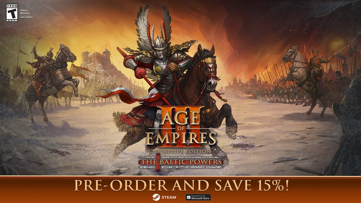 Saddle up and spread your wings, Explorers—The Baltic Powers for #AoEIII: DE is available now for pre-order! ⚔️ On September 10th, you'll be able to conquer the battlefield as the Danes and the Poles, each featuring their own unique set of units, technologies, cards, and bonuses. Plus: ➡️2 new game modes ➡️2 challenge scenarios ➡️25+ new random and historical maps ➡️Tons of bonus content & much more! Pre-order now to save 15%: