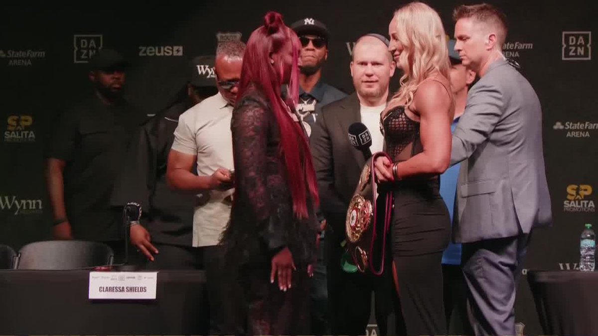 Claressa Shields and Kaye Scott have a funny exchange during their face-off 🤣 #ShieldsScott | Aug 15 | Watch only on DAZN ▪️