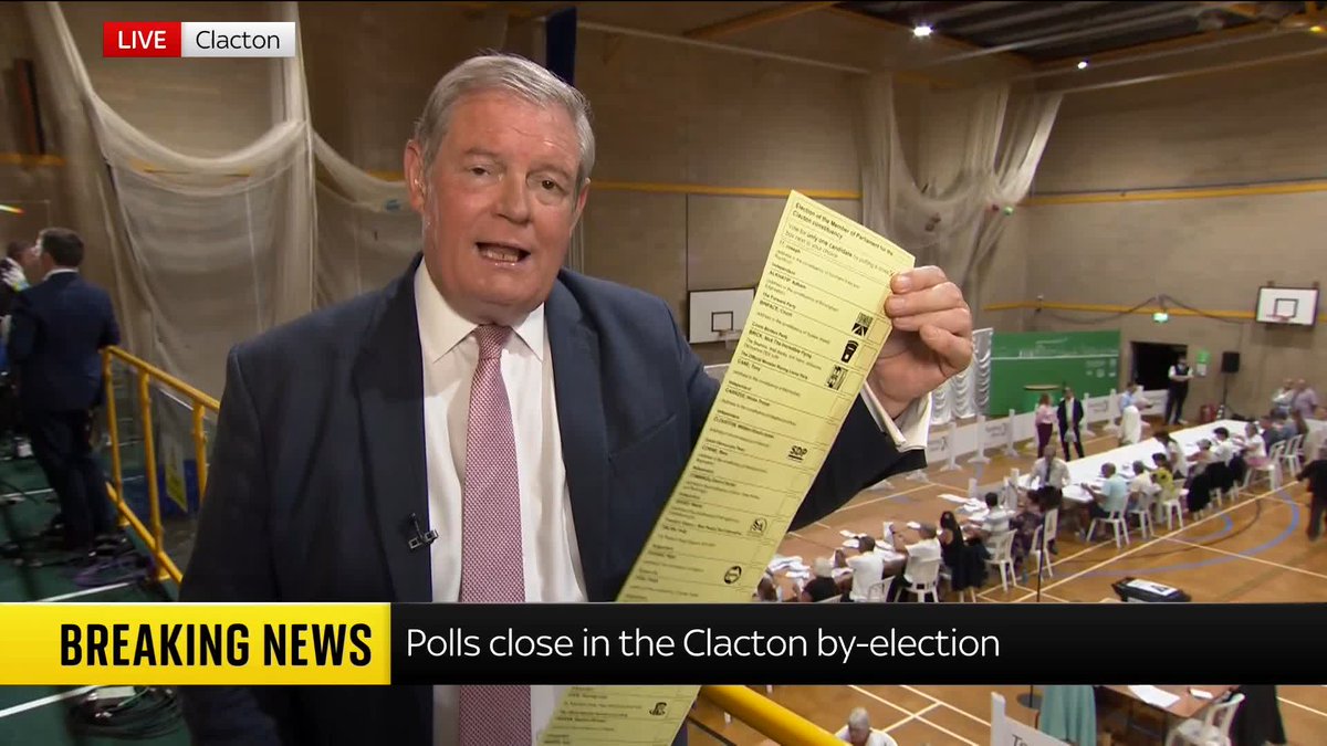 Polls have closed in the Clacton by-election and the vote count has begun, with an estimated turnout at 43%. A metre-long ballot paper and a record-breaking number of candidates - Sky's Jon Craig joins #TheWrap from Clacton with the latest on the by-election.