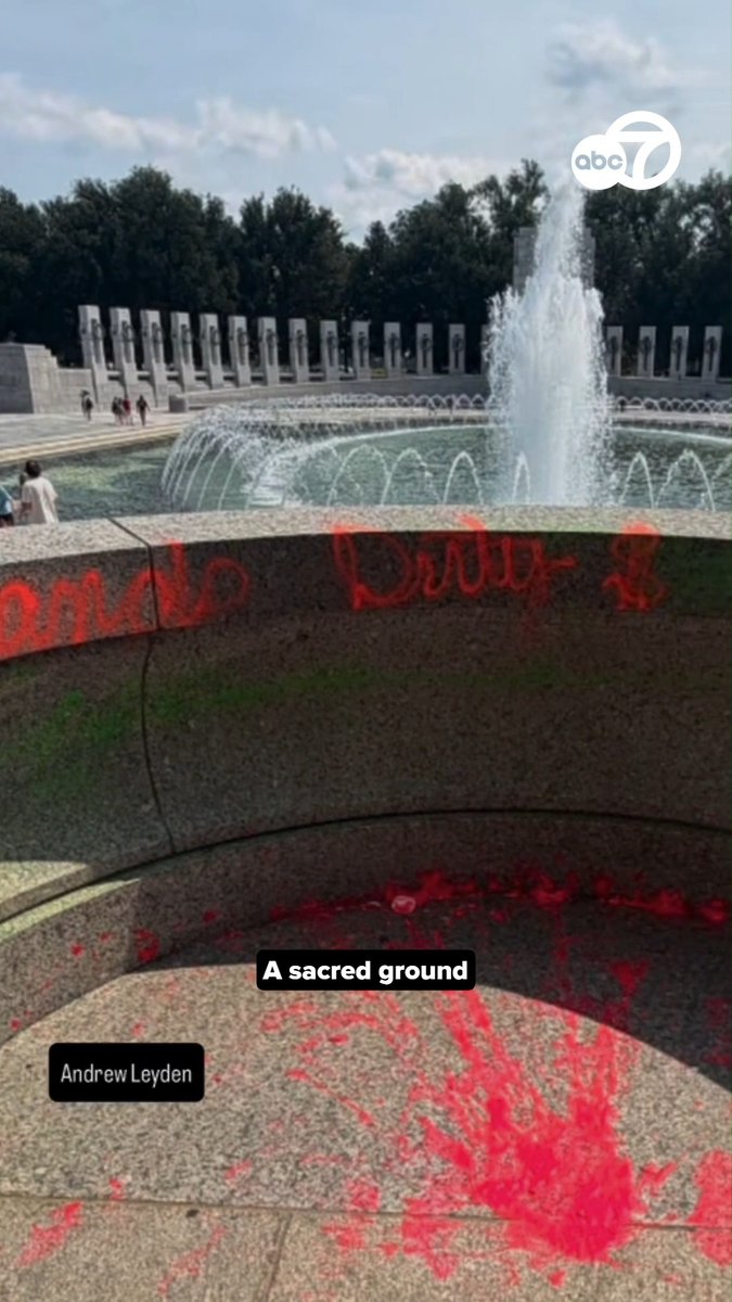 The World War II Memorial was vandalized with soap in the fountain and graffiti on the memorial itself. 7News obtained a photo of paint graffiti, which appears to read "Clean hands / Dirty $." Meanwhile, the fountains are filled with bubbles formed from the soap. #wjla #washingtondc