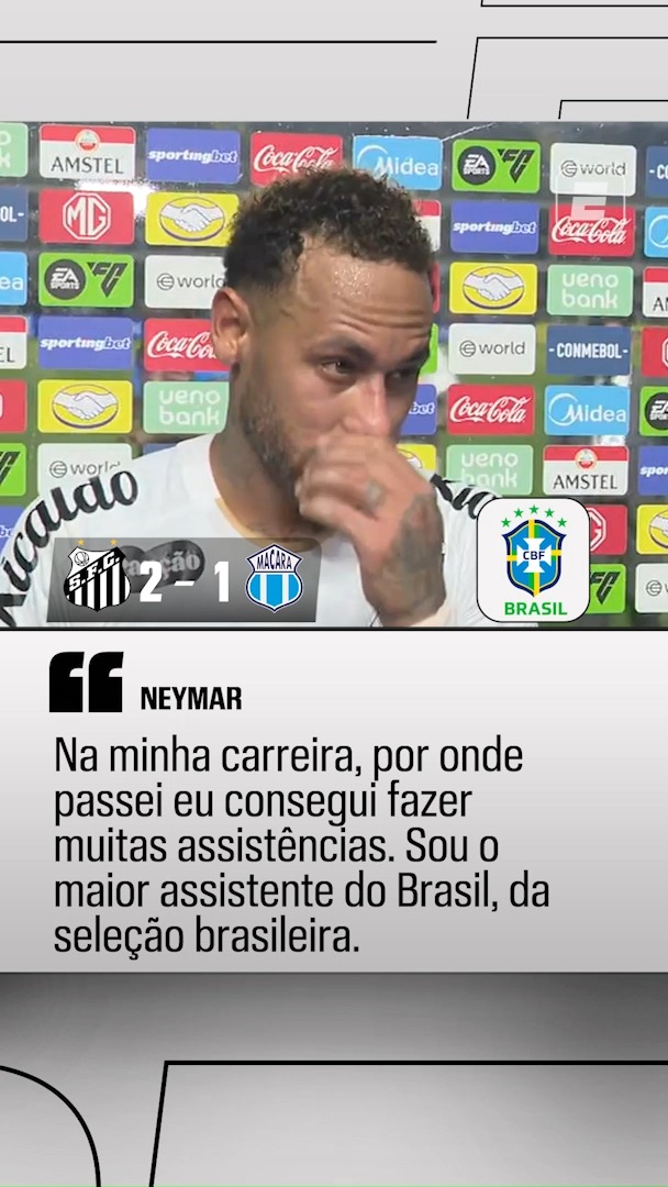 Neymar sobre as duas assistências que deu na virada do Santos contra o Macará. "Na minha carreira, por onde eu passei eu conseguir fazer muitas assistências. Por isso sou o maior assistente do Brasil, da seleção brasileira." 📽️SportsCenter Brasil