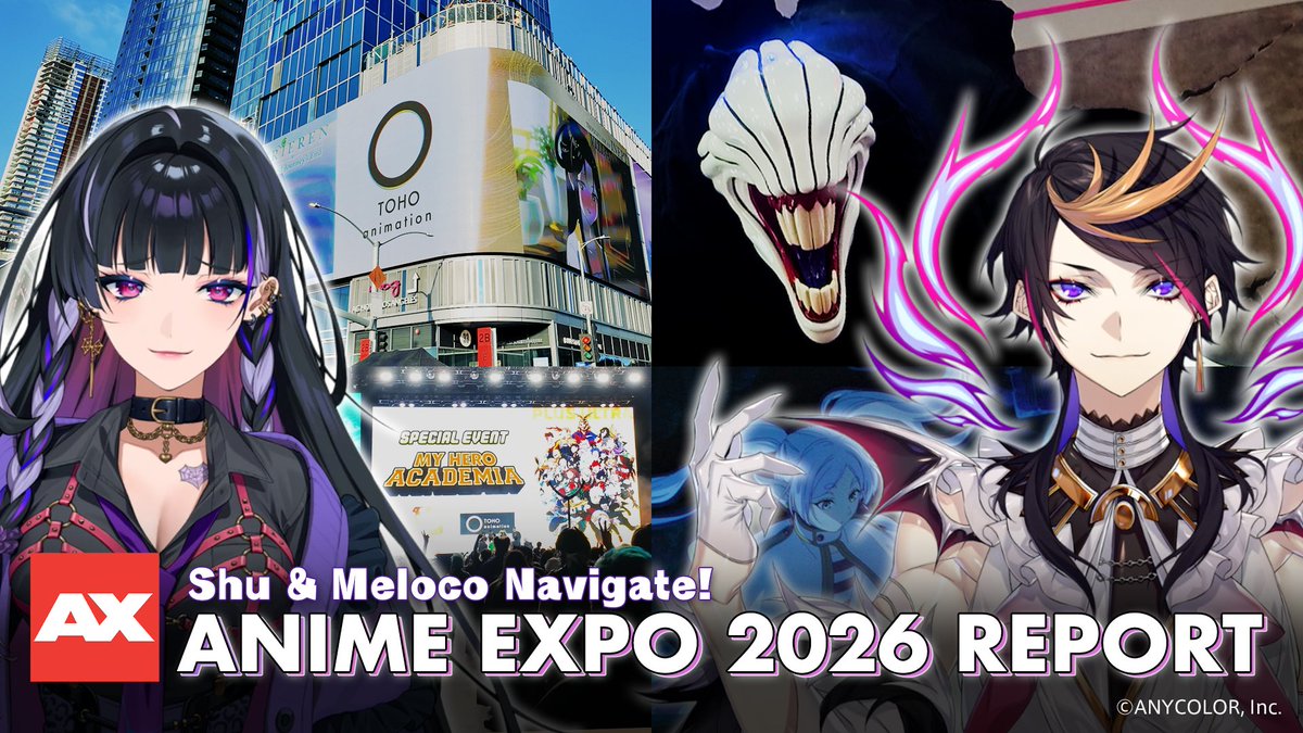 #TOHOanimation × NIJISANJI_EN first-ever collaboration! 📺 Join VTubers #ShuYamino & #MelocoKyoran as they host the "AX2026" Special Report Program 🇺🇸 🎙️ Featuring Special Guests: - Hana Hishikawa (voice of Leelee in #ThoughIAmAnIneptVillainess) - OHIOBOSS SATOYU (SATOYU.OhioBoss) Premieres Aug 15 (Sat) 8:00 PM PDT ✨ Shu Yamino 👟☯️ NIJISANJI EN Meloco Kyoran🌂🕸NIJISANJI EN