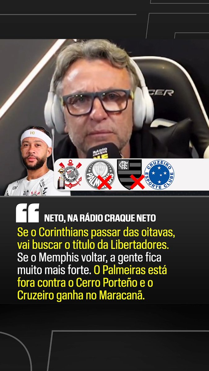 Neto está confiante no título do Corinthians na Libertadores e já prevê até eliminações de Palmeiras e Flamengo nas oitavas! 🎥: Rádio Craque Neto #LibertadoresNaESPN