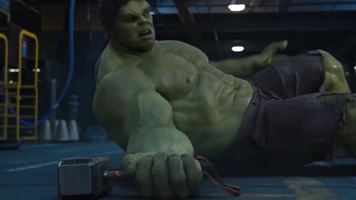 Hulk trying to life Mjolnir and getting dragged down by pure Asgardian magic. An unforgettable display of comic book physics.