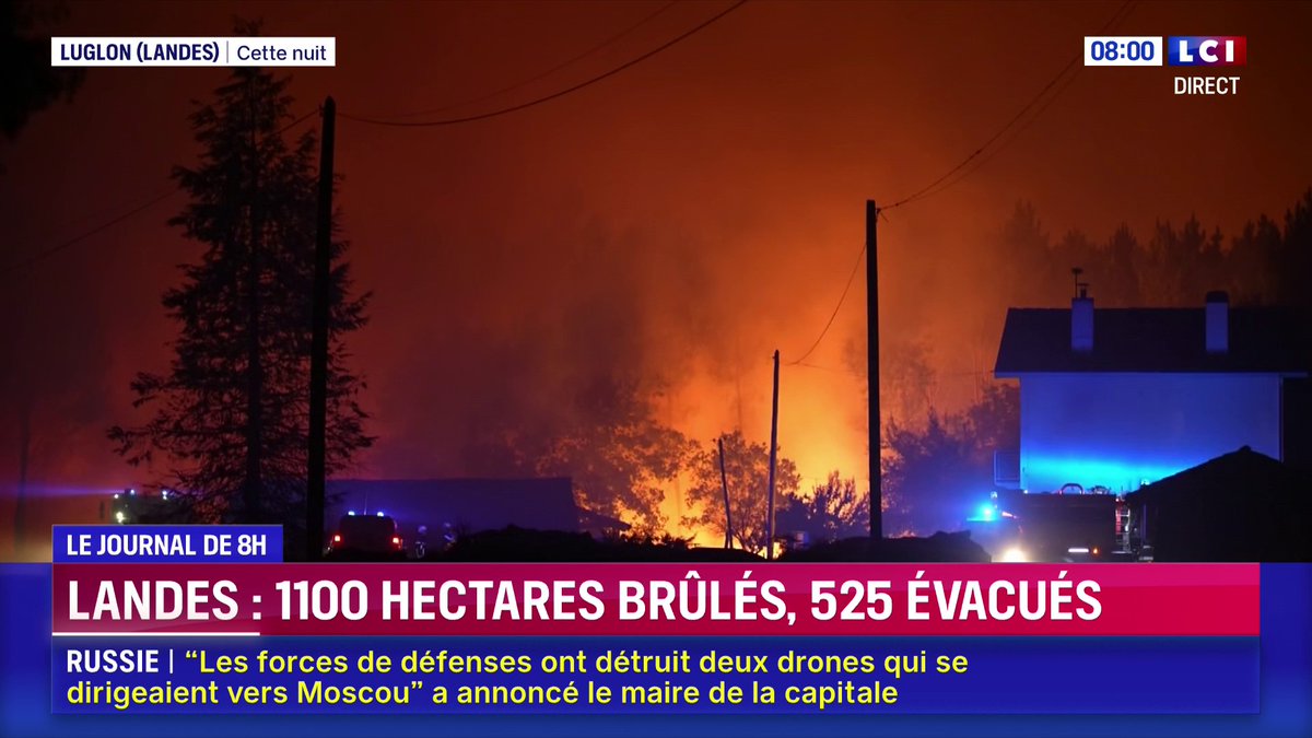 🔥 Nouveau départ de feu dans les Landes : 1 100 hectares ont brûlé depuis hier et 525 personnes ont dû être évacuées. Le point sur la situation
