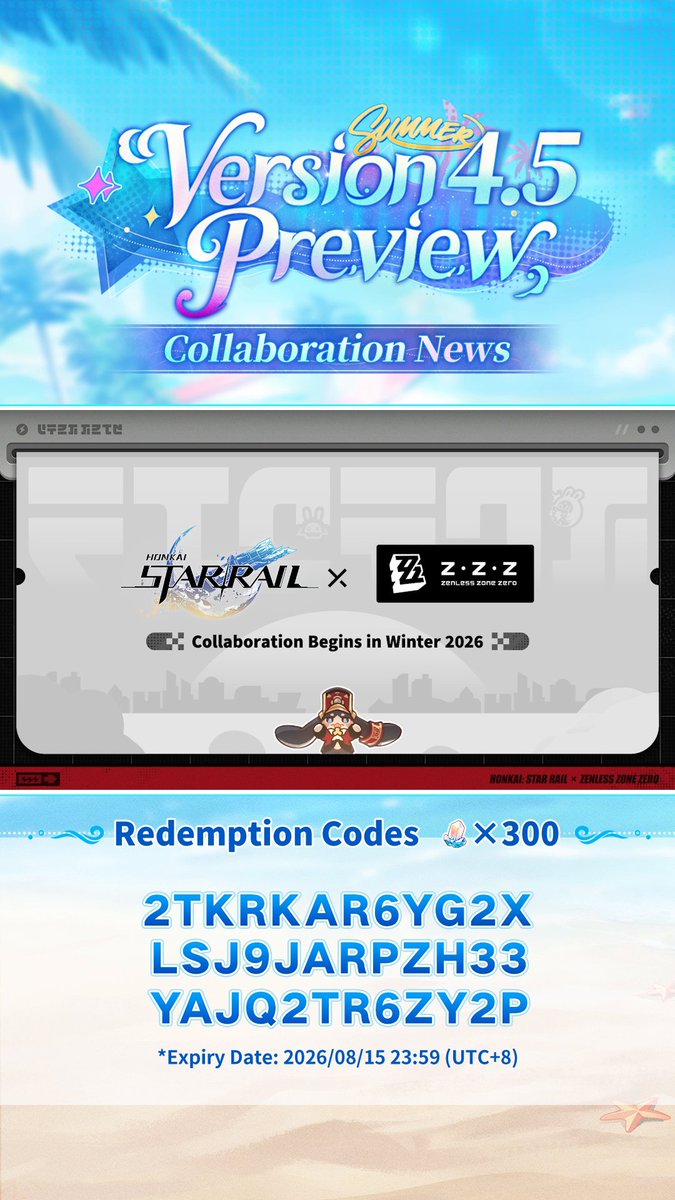 The Honkai: Star Rail Version 4.5 "To Roll the Stars in Astropolis" Special Program has concluded. Brand-new characters, maps, and events are about to come online. Please board the Astral Express at that time and embark on a new adventure! The redemption codes for this special program are: 2TKRKAR6YG2X LSJ9JARPZH33 YAJQ2TR6ZY2P The redemption codes will expire on August 15 at 23:59 (UTC+8). Please redeem it in time~