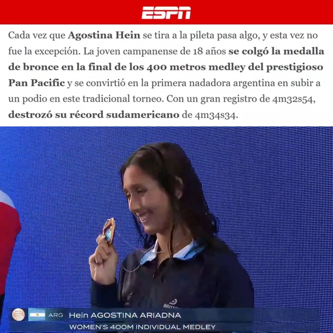 "Agostina Hein": Porque ganó la medalla de bronce en los 400 metros medley del Pan Pacific Championships