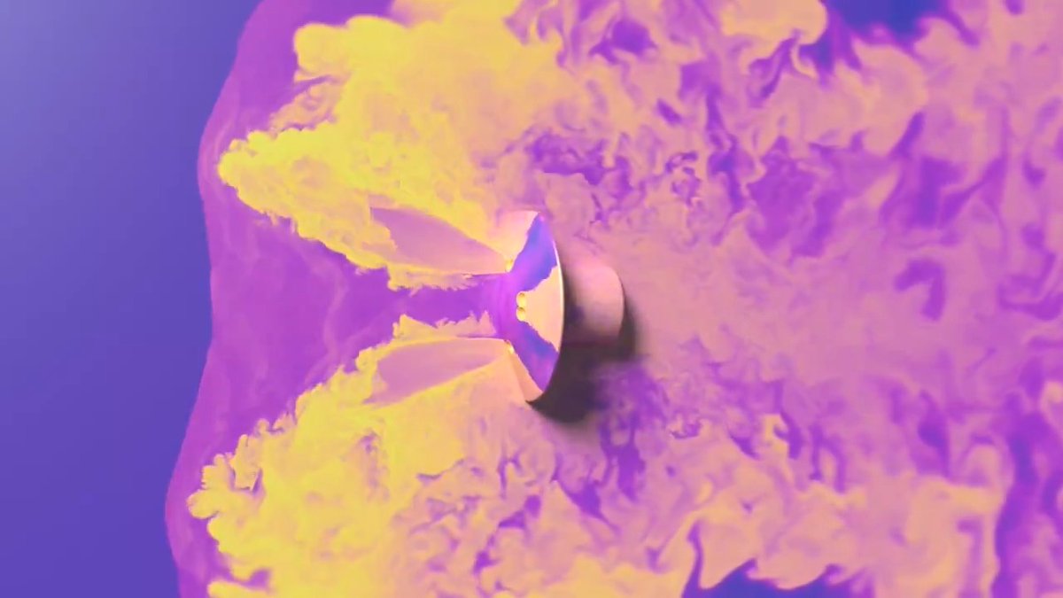 Simulating entry… Using our LAVA software, Ames engineers performed simulations of a conceptual Mars spacecraft during entry. Here, the vehicle travels at supersonic speed (Mach 2.4) and uses retro-propulsion to decelerate further.