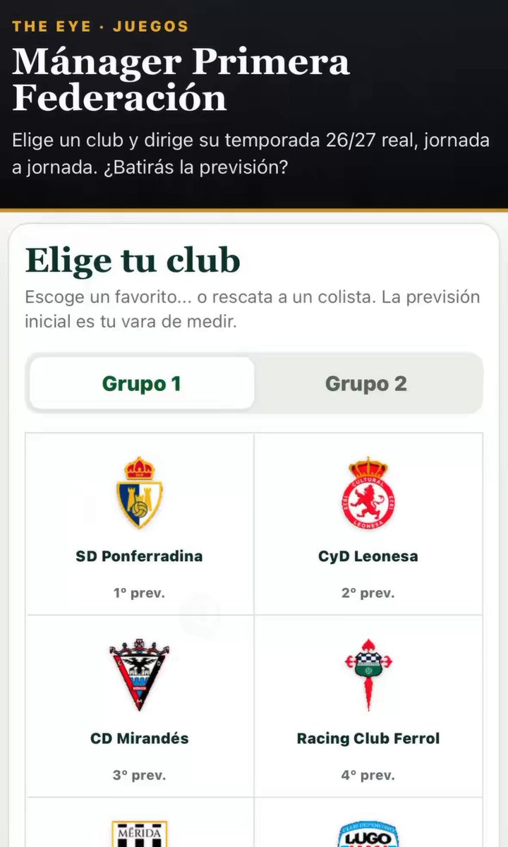Os he visto tan enganchados a los jueguecitos estos que he tenido que hacer la versión de Primera RFEF. En cuanto se cierren las plantillas, antes del día 1, os lo paso para ver si cumplís con las expectativas 😅