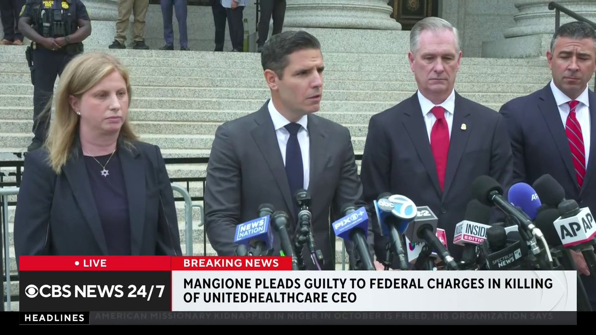 “Mangione attempted to send a public message through violence, but the message that emerges today is very different,” the U.S. attorney for the Southern District of New York said after 28-year-old Luigi Mangione entered a guilty plea in his federal case Friday morning. “There can be no celebrity in assassination.” Sentencing in the federal case will take place on Dec. 18, with Mangione facing a maximum possible sentence of life in prison.