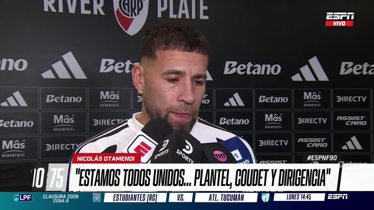 "DE ESTA SITUACIÓN SALIMOS TODOS JUNTOS" ©️ Otamendi tomó la palabra y destacó la unión de los jugadores con el Chacho Coudet y la dirigencia, además de la importancia de esta semana de trabajo por el partido suspendido vs. Independiente Santa Fe 📺 #DisneyPlus Plan Premium