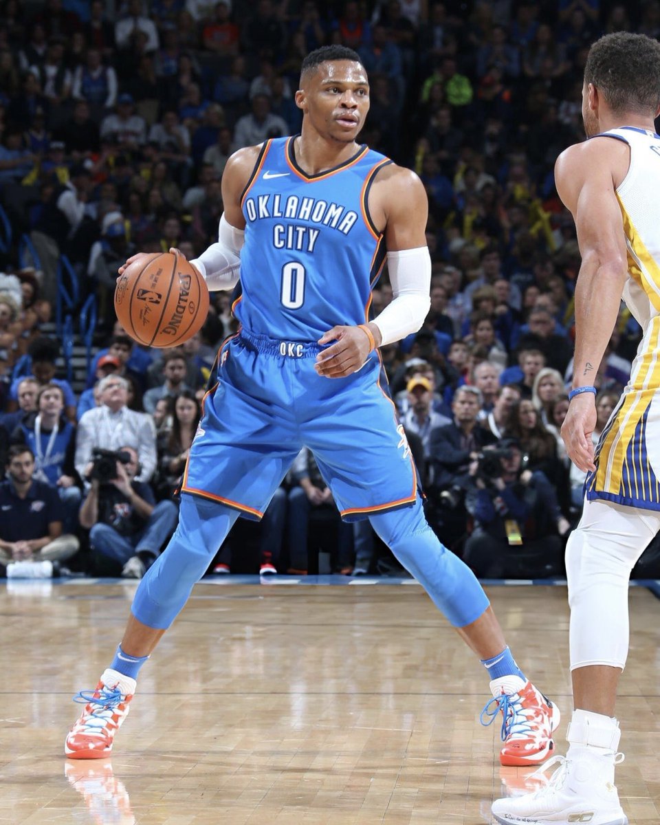 Russell Westbrook finished with a near triple-double in a win against the Warriors! (2017) 34 PTS 10 REB 9 AST 4 STL 48% FG (13/27) 88% FT (7/8)