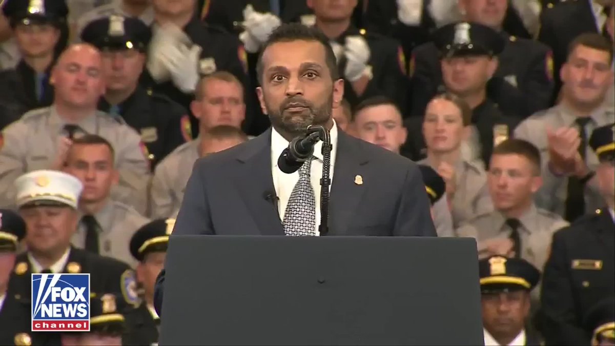 "President Trump, thank you for backing law enforcement... Thank you for relentlessly pursuing the mission of justice." "The men and women of law enforcement love you." FBI Director Kash Patel delivers a message on behalf of law enforcement officers across the country, crediting Trump's support with what he calls "historic results" across the country. Patel highlights a 20% drop in the national homicide rate, a 20% reduction in drug overdoses, and the arrests of 8 of the FBI's top 10 most wanted fugitives in the last 16 months.