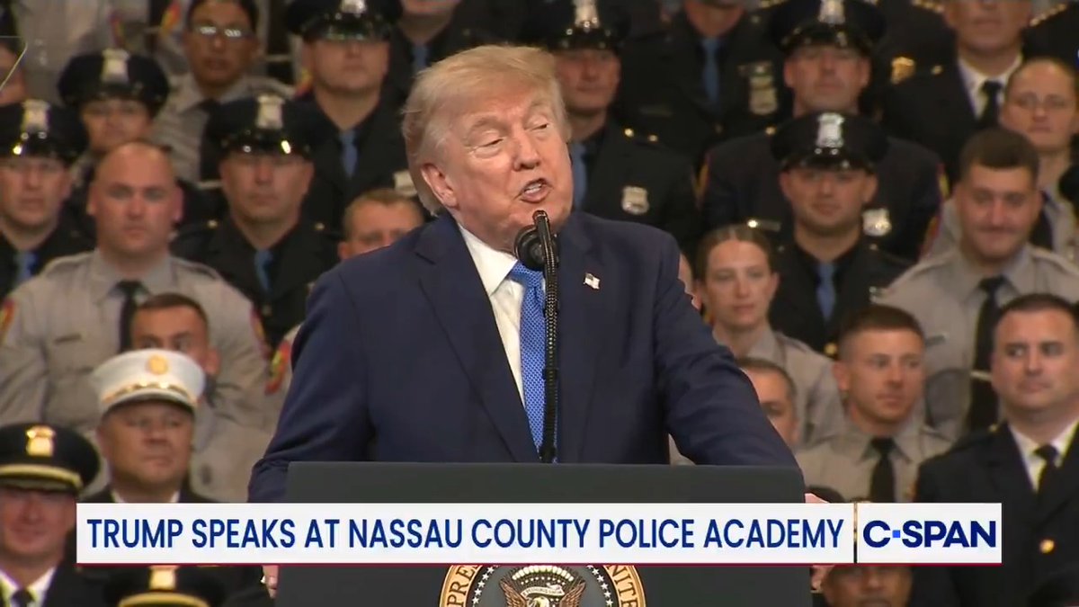 President Trump greeted with applause at the Nassau County Police Academy for an executive order he signed shortly after taking office, saying, "anyone convicted of killing a police officer should face the death penalty."