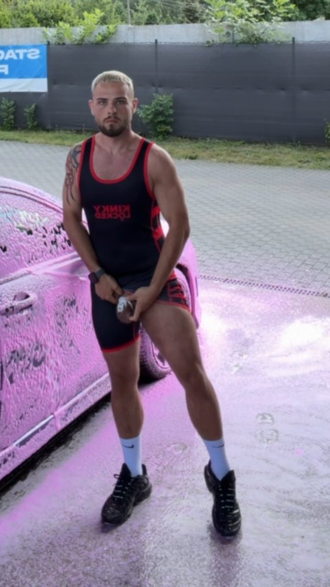 Horny car washing in a wrestling singlet and chastity 🥵 Literally next to me, car wash other people 🥹