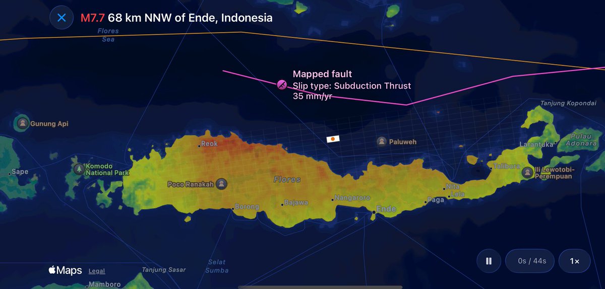 M7.7 Ende, Indonesia earthquake fault rupture slip from USGS in the NewQuake app: