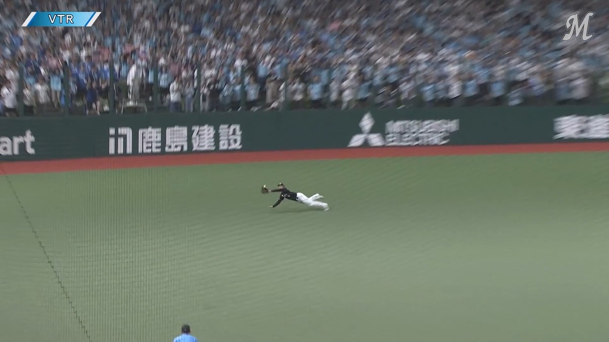 チームを救ったのは #西川史礁 選手! 一打勝ち越しのピンチで、鋭い当たりをダイビングキャッチ! #chibalotte #MarinesBaseball #MarinesBigPlays