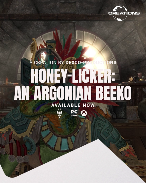 Have you met Honey-Licker? This down-on-her-luck Argonian has traveled all the way from Black Marsh on a journey of self-discovery. Get more info and bring her along on your adventures with this Skyrim Creation by Dexco-Productions!