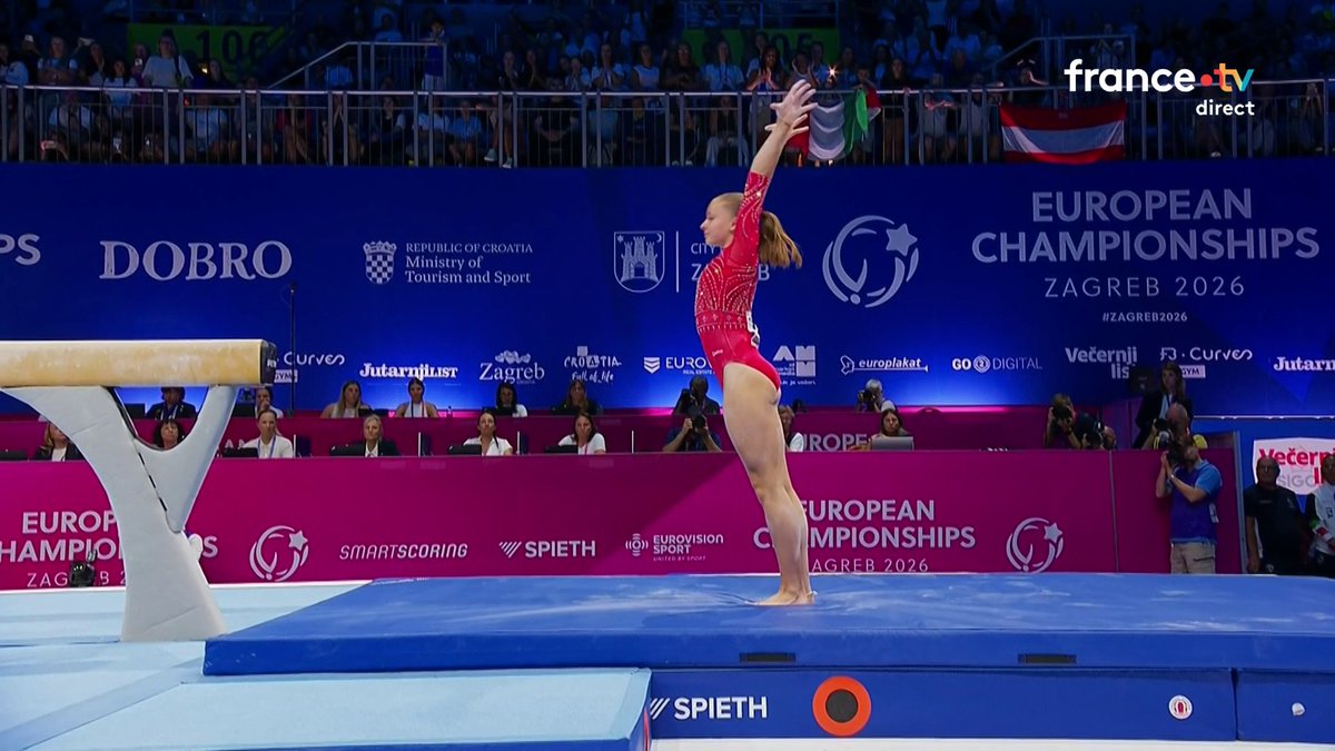 #Zagreb2026 | 🤸🇫🇷 À Elena Colas d'entrer en scène ! 🌟 À seulement 16 ans, la jeune Française s'élance dans la finale de la poutre, son premier passage dans cette finale européenne seniors. Elle prend provisoirement la tête ! 📺 Le direct :