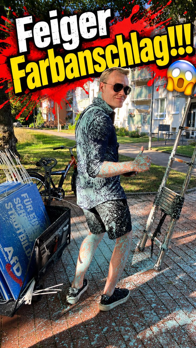 Feiger Anschlag auf unsere Plakatierer 😱 Richard und Marlon wurden beim Plakatieren von einem vermummten Linksextremen mit Abtönfarbe attackiert. Kleidung und einige Plakate zerstört – Entschlossenheit und eiserner Wille für ein besseres Deutschland zu kämpfen dafür umso größer 🇩🇪🚀