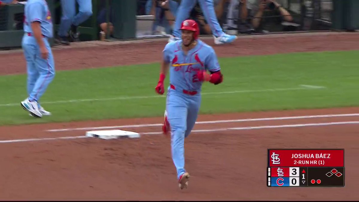 Joshua Báez homers on the first pitch he sees in his Major League debut 👏 He is the 11th player in Cardinals franchise history to hit a HR in first career AB, and the fourth visiting player at Wrigley Field to hit a HR in his first career AB. His HR was measured at 449 feet, only HR Derby champion Jordan Walker has hit a longer homer for the Cardinals this season 💪 (via MLB)