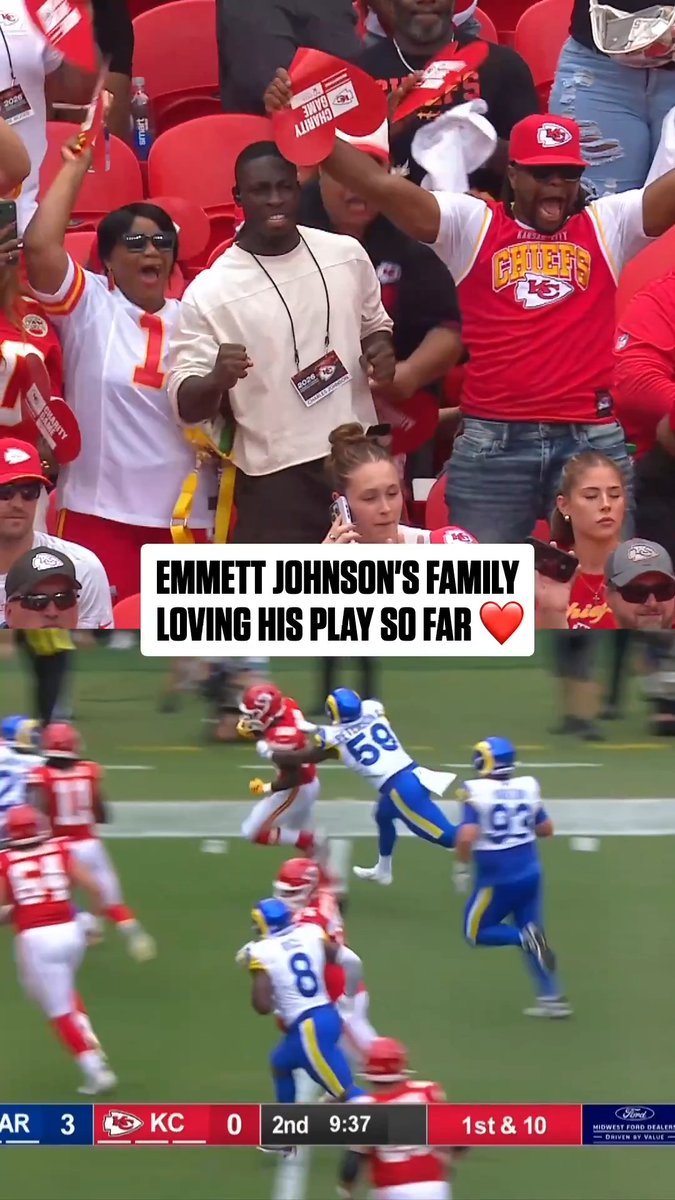 .Kansas City Chiefs rookie RB Emmett Johnson's family all came out to support for his first Preseason game. ❤️ LARvsKC on @NFLnetwork Stream on NFL+