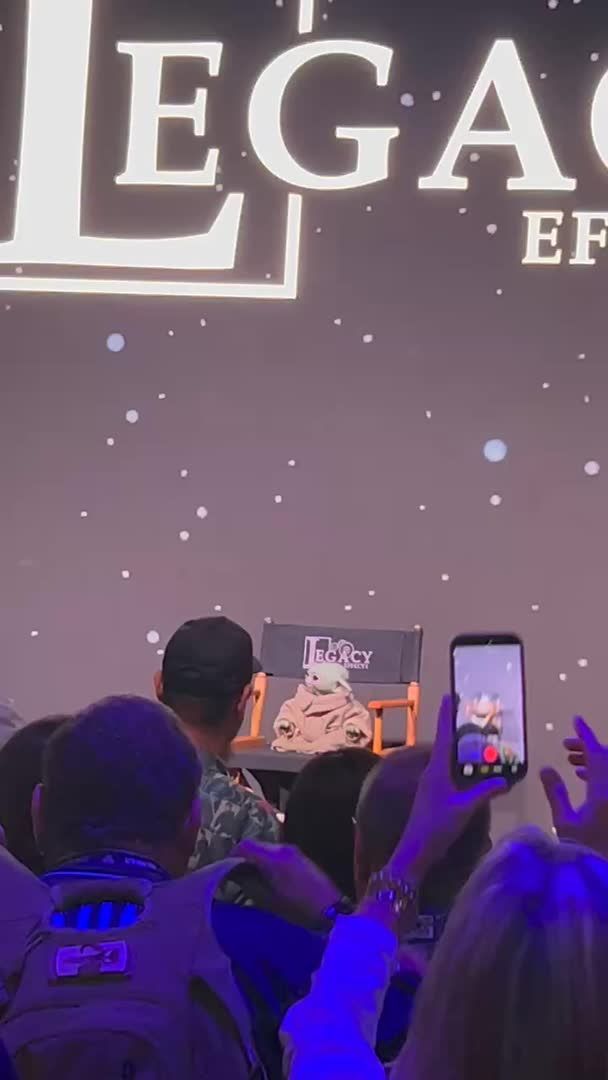 One of the actual remote-controlled #Grogu puppets takes the stage at the #Lucasfilm Pavillion at #D23! 🤩