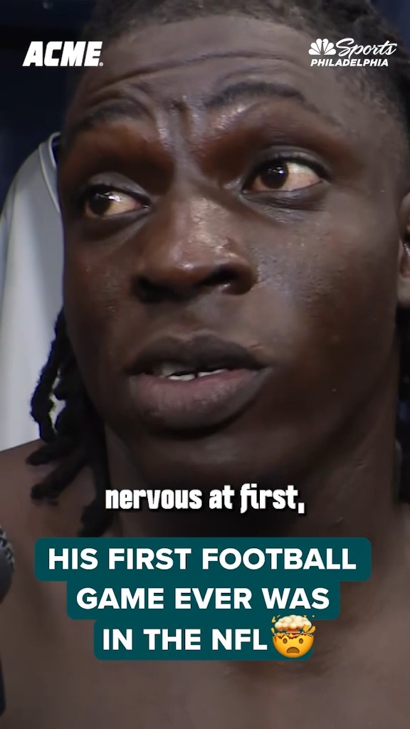 Uar Bernard was all smiles after his first football game EVER. The Nigerian DT was selected by the Eagles in the 7th round of the draft (as part of the NFL's International Player Pathway program) despite never playing a single snap of American Football before. | Acme Markets