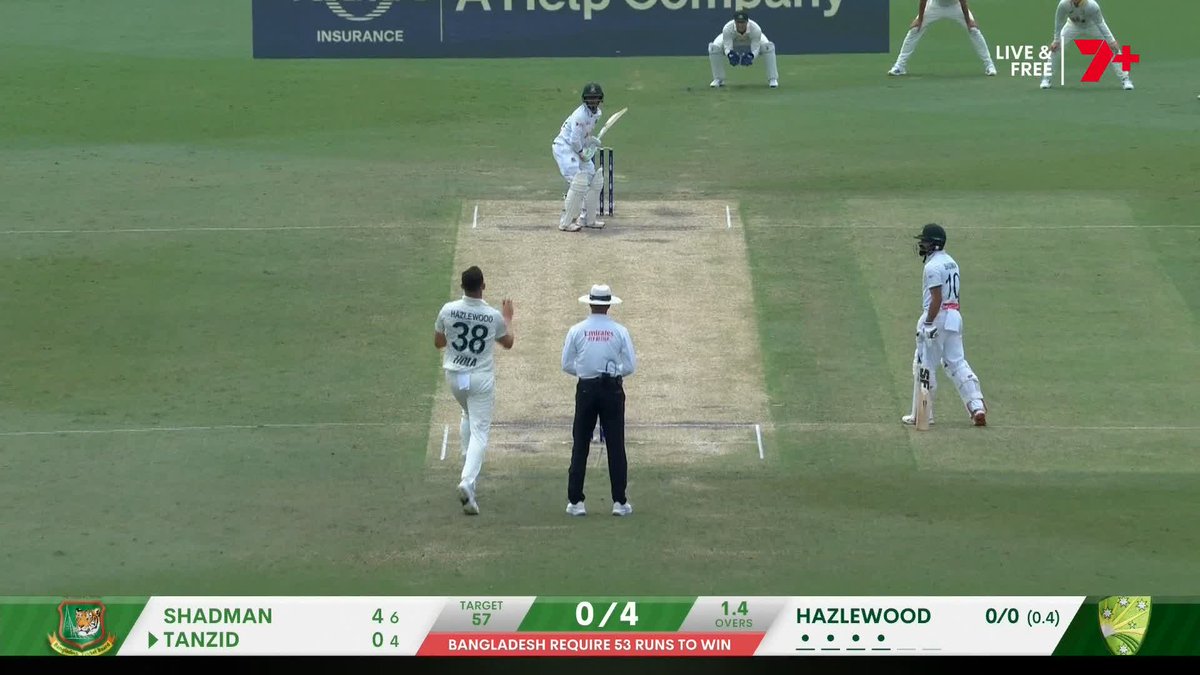 Bowled 👀 Hazlewood hits the top of off to knock over first-innings centurion Tanzid #AUSvBAN