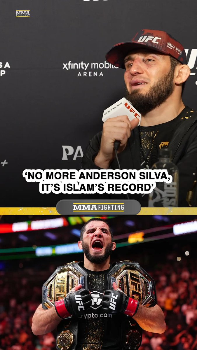 Islam Makhachev is all smiles after breaking Anderson Silva's consecutive wins record at #UFC330: "It's not more Anderson Silva. It's Islam Makhachev's record."