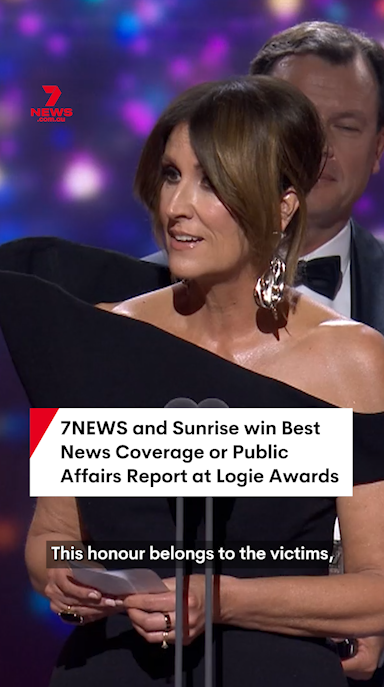 The 7NEWS and Sunrise teams were on the Logies stage to accept the award of Best New Coverage or Public Affairs Report and remember the innocent lives lost at Bondi. #logies #logieawards