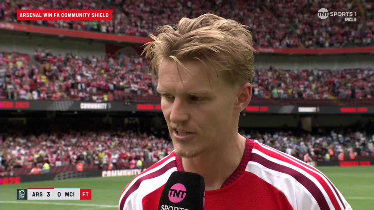 “We wanted to start here with the first trophy” 🏆 Martin Ødegaard is delighted with Arsenal's performance against Man City 👏 🎙️ Jules Breach | 📺 Watch live on TNT Sports &amp; HBO Max