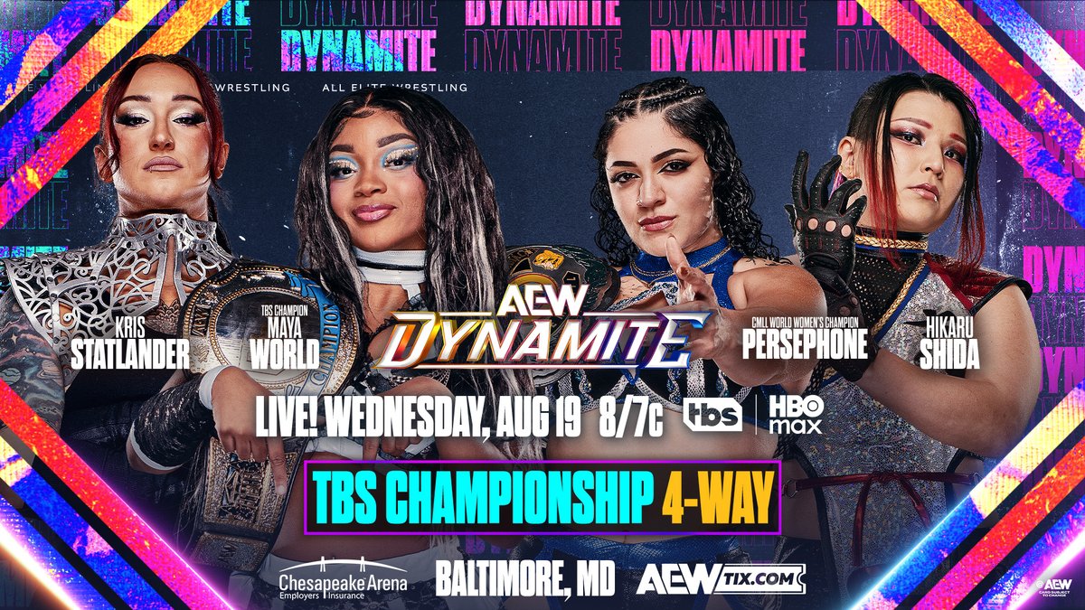 #AEWDynamite 8/7c, TBS & HBO Max This Wednesday, 8/19 TBS Championship 4-Way @CallMeKrisStat vs maya world vs Persephone vs @ShidaHikaru Weeks of animosity between these four women have led to champion Maya World putting her TBS Title on the line in a 4-Way, THIS WEDNESDAY!