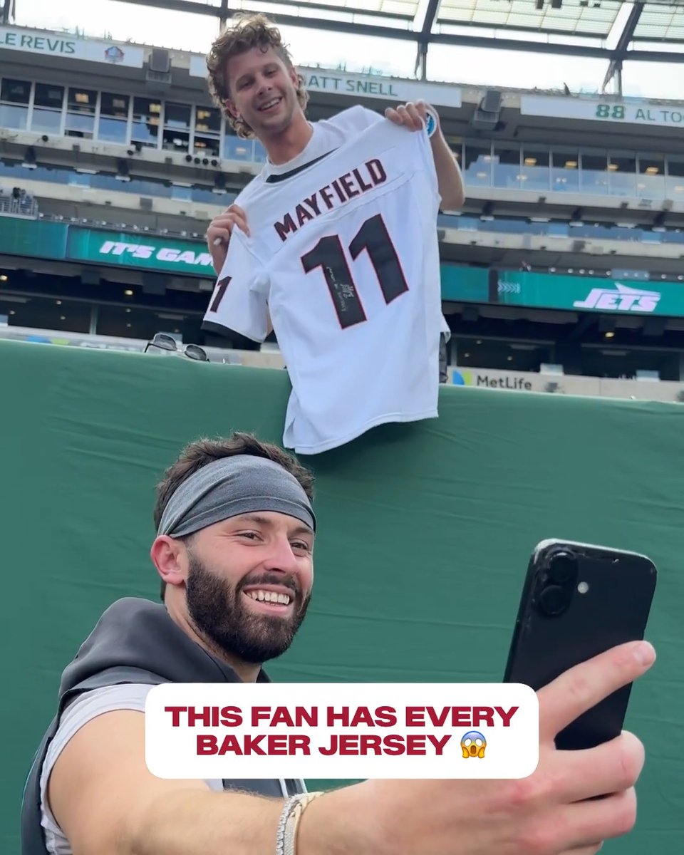 This is awesome: Bucs star QB Baker Mayfield spent time with his biggest fan after practice. This fan has every single Baker Mayfield jersey that exists. What a special moment captured 🥹❤️