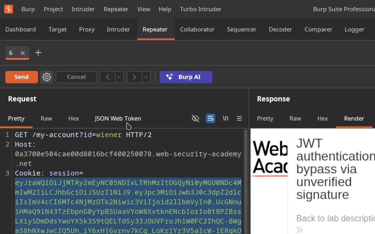 One of the simplest (and most impactful) bugs to look for is switching out the algorithm on JWT tokens to "none". Here are the steps: 🟧 Decode the JWT and set the header to {"alg":"none","typ":"JWT"}. 🟧 Change the sub claim to {"sub":"administrator"}. 🟧 Strip the signature, keeping the trailing dot so the token ends in . 🟧 Send it! Try it yourself here 👇
