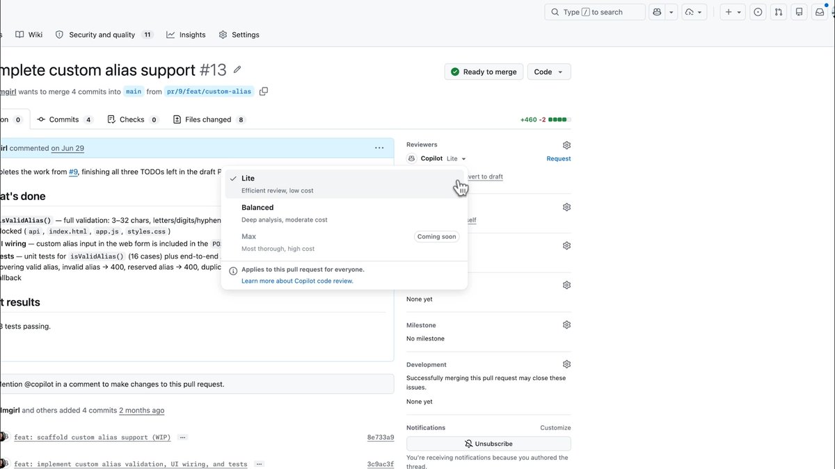 👉 Copilot code review depth is now up to you. Balanced depth is now generally available. Select Balanced for deeper analysis and more thorough reviews on your pull requests, or choose Lite for straightforward changes. Set the default depth at the org or repo level, or select depth when requesting a review on your PR. Balanced or Lite, get the right-sized reviews for your PRs. ✅