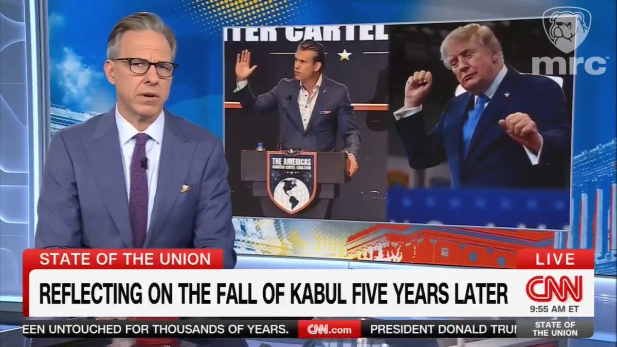 WATCH: Today’s terrible end-of-show editorial by Jake Tapper on CNN’s State of the Union is a desecration of the memory of the Fall of Kabul at the expense of The Current Thing. JAKE TAPPER: It was five years ago this weekend that Kabul and Afghanistan fell to the Taliban, bringing a disastrous end to America's longest war. The horrific scenes that followed still, to this day, shock the conscience. The crowds of desperate Afghans on the tarmac or packed into planes trying desperately to escape, or the 13 American service members killed in the Abbey Gate bombing along with countless Afghan civilians. Five years later, more than 2 million Afghan girls are currently blocked from attending school by the Taliban, according to UNESCO. It's now legal in Afghanistan for men to beat their wives, as long as they don't break any bones or leave any lasting injuries. Meanwhile, many Afghans who fought with the U.S., risked their lives for the U.S., remain stranded abroad after the Trump administration halted the Special Immigrant Visa program. And many of those who did make it to the United States, to this day, live in fear that their green cards will be revoked. With that legacy from the war in Afghanistan, you can forgive the American people for wondering why they should trust our leaders when they tell us that our brave service members are engaged in a vital mission. And when today's leaders glibly dismiss questions about their current mission in Iran, what the end game is? What's the plan? Whether there are adequate protections for our service members in Jordan or Kuwait, whether President Trump and Secretary Hegseth are covering up the deaths of Iranian civilians from U.S. strikes or hiding poor conditions for sailors and Marines aboard the USS Abraham Lincoln. They are just the latest in a tradition that we would struggle to call proud.