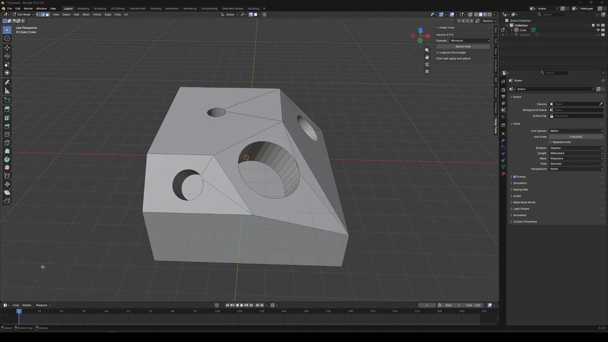Holey Tools – Blenderで斜めに開いた穴でも直径を数値指定して簡単に変更できる無料アドオン ✓ 直径を数値入力して正確に変更 ✓ 斜めに開いた穴にも対応 ✓ 手前と奥で穴の大きさが異なる場合の調整機能あり ✓ 0.1mm単位のスナップ調整も可能 ✓ Blender 5.2 LTS以降対応 #b3d #Blender3d