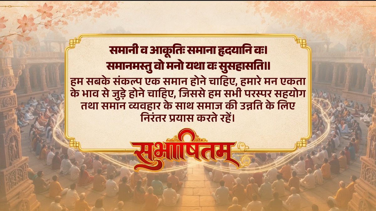 सामूहिक संकल्प और एकता की शक्ति से ही देश आगे बढ़ता है। यही भावना भारत की प्रगति और समृद्धि की मजबूत नींव है। समानी व आकूतिः समाना हृदयानि वः। समानमस्तु वो मनो यथा वः सुसहासति॥