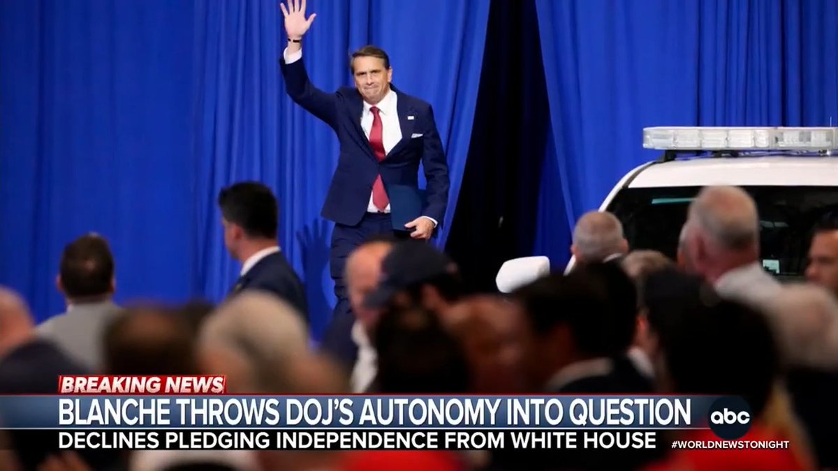 Attorney General Todd Blanche, despite a tough confirmation battle, not committing to the independence of the DOJ from the White House. @oliviarubinABC reports.
