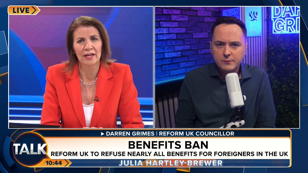 🚨Reform UK says that if they win power, foreign nationals would be banned from most benefits. Darren Grimes: "It's unsustainable. If you come here, you support yourself." Julia Hartley-Brewer