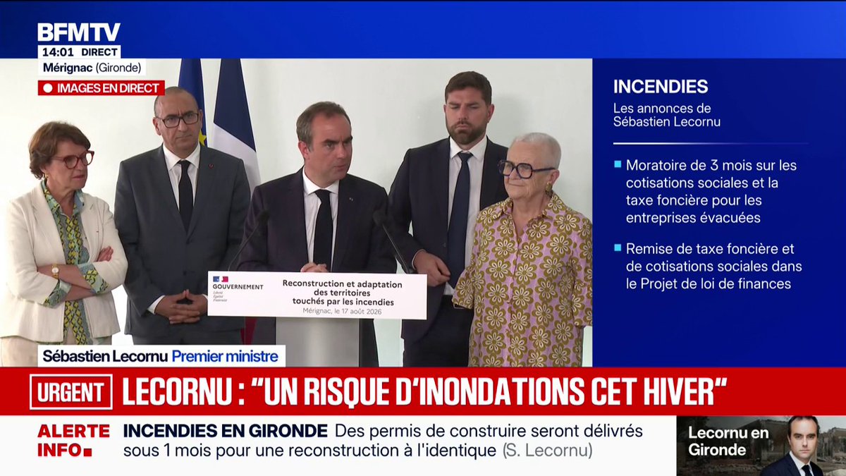 "Une catastrophe peut en annoncer une autre", alerte le Premier ministre Sébastien Lecornu, sur "le risque inondation pour l'hiver prochain" suite aux incendies.