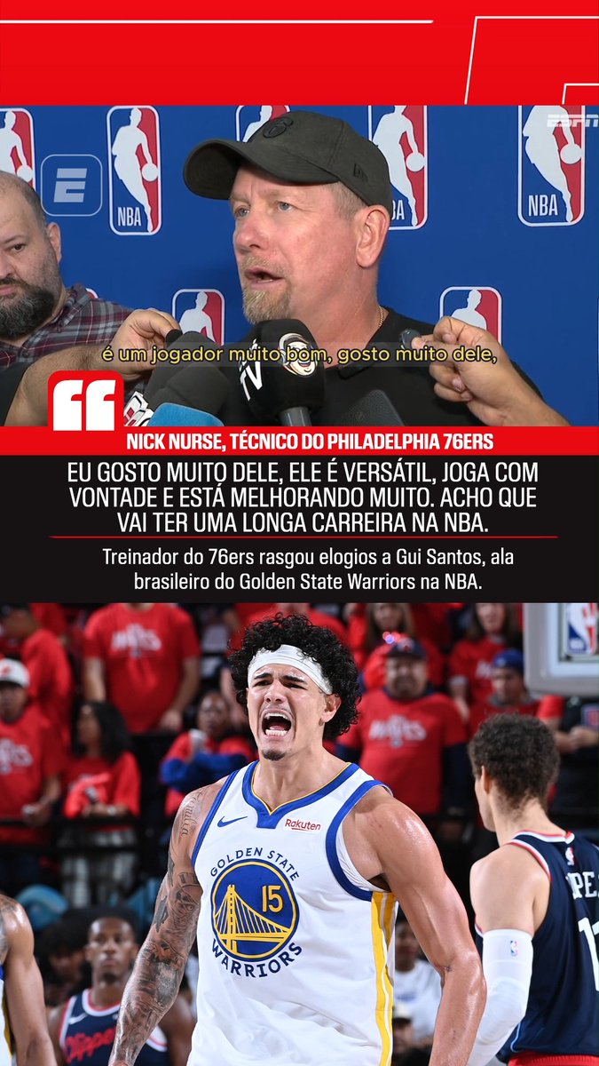 "É UM JOGADOR MUITO BOM!" 🇧🇷🏀 O técnico do Philadelphia 76ers, Nick Nurse, esteve no Brasil para ministrar uma clínica para treinadores em São Paulo e não poupou elogios ao ala brasileiro Gui Santos, do Golden State Warriors na NBA. #NBAnaESPN #nba #guisantos #76ers