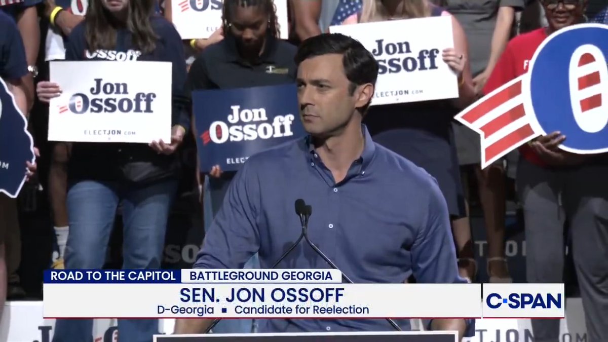 Sen. Jon Ossoff (D-GA) on President Trump: "He wants to build his ballroom and travel with Natalie on their apparently defenseless flying palace, gifted by the Emir of Qatar."