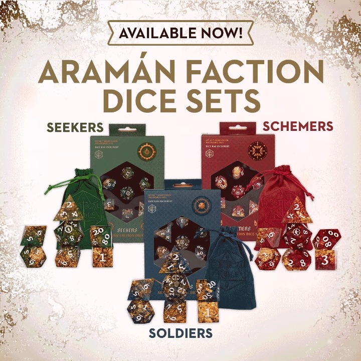 BRING THE MAGIC & MIGHT OF ÁRAMAN TO YOUR TABLE 🎲 😈 Reach for the power of the Soldiers, Seekers, and Schemers at your next game night with our dazzling Aramán Faction Dice Sets, gorgeously crafted in epoxy resin with embedded iconography for each table! PLUS, rep your favorite adventurer with Heroes of Aramán Chibi Pins, featuring adorably epic versions of #CriticalRole Campaign 4's cast rendered in enamel, with art by Elena Harris! FIND YOUR NEW FAVORITE DICE & PINS IN ALL OUR SHOPS ⬇️ 🇺🇸 🇬🇧 🇨🇦 🇦🇺 🇪🇺 [ *Faction dice & pins may be delayed in the UK, sign up for alerts to hear when they arrive. ]