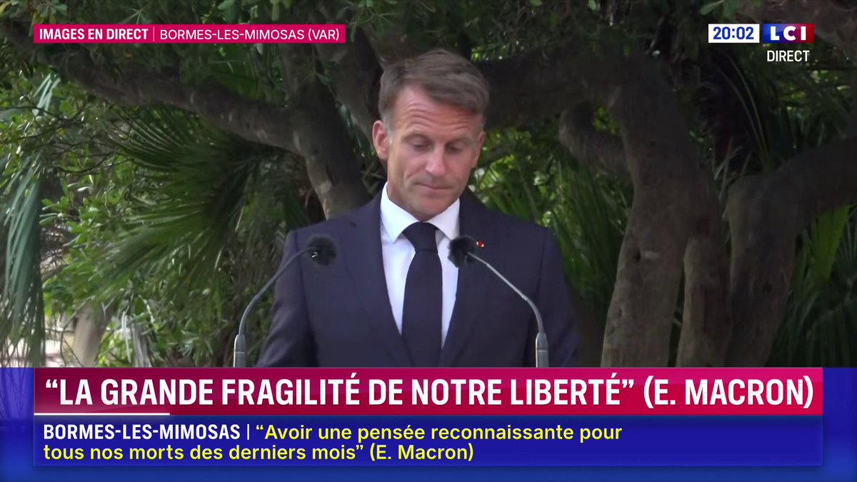 🗣️ "Ne cédez pas à l’esprit de défaite, ne vous habituez à rien. Ne vous habituez pas à la liberté ou à ce qui semble acquis. Les droits que nous avons aujourd’hui ont été conquis", Emmanuel Macron depuis Bormes-les-Mimosas, en direct sur #LCI