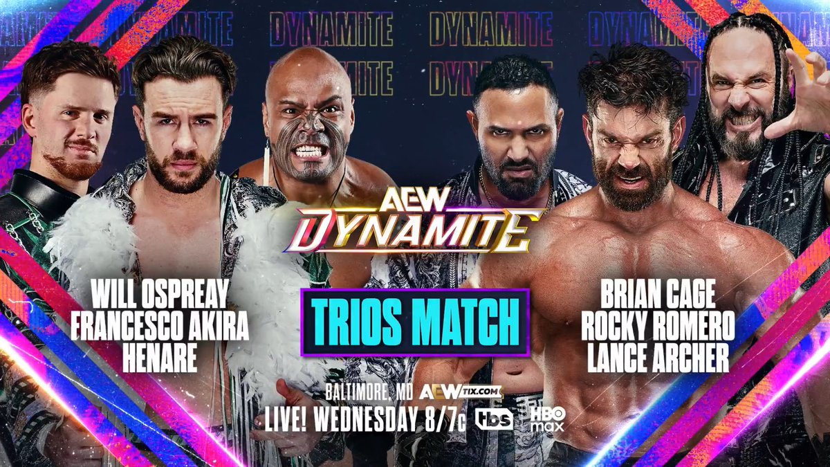 #AEWDynamite 8/7c, TBS & HBO Max This Wednesday, 8/19 Will Ospreay • ウィル・オスプレイ/@FrancescoAkira/HENARE vs @BrianCageGMSI/The Murderhawk Monster Lance Archer/@azucarroc The Invisible Hand Family tried to attack Ospreay last week, but Ospreay called on members of United Empire to join him for a Trios Match, WEDNESDAY!