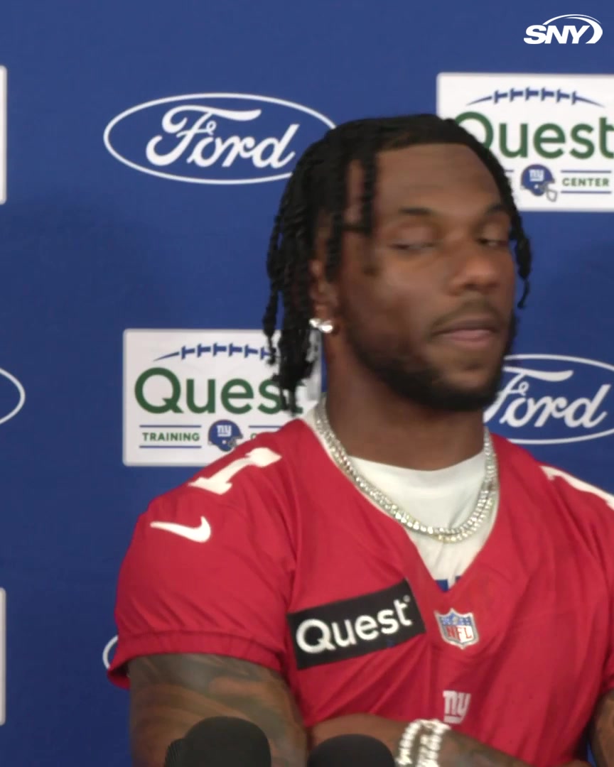 Malik Nabers was asked about appearing to be upset after going to the ground when he caught a pass in 7-on-7 work: "I wasn't upset, it's just that dawg in me, it's barking a little bit. He's coming."